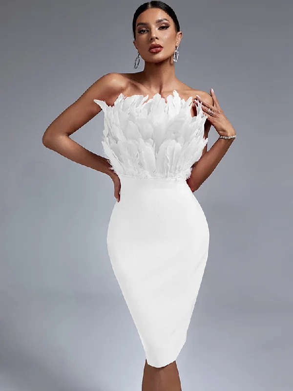 Backless Beach Midi Dresses-Strapless Feather Midi Dress