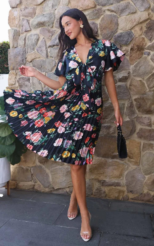 Long Sleeve Boho Midi Dresses-Reya Midi Dress - Black Floral