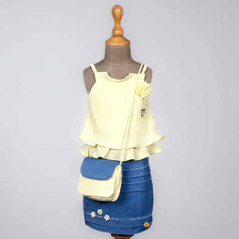 White Work Midi Dresses-Lemon Midi for Girls with Sling Bag