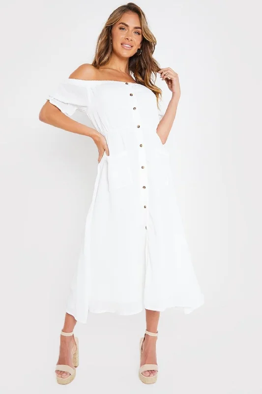 One Shoulder Club Midi Dresses-White Bardot Pocket Detail Midi Dress