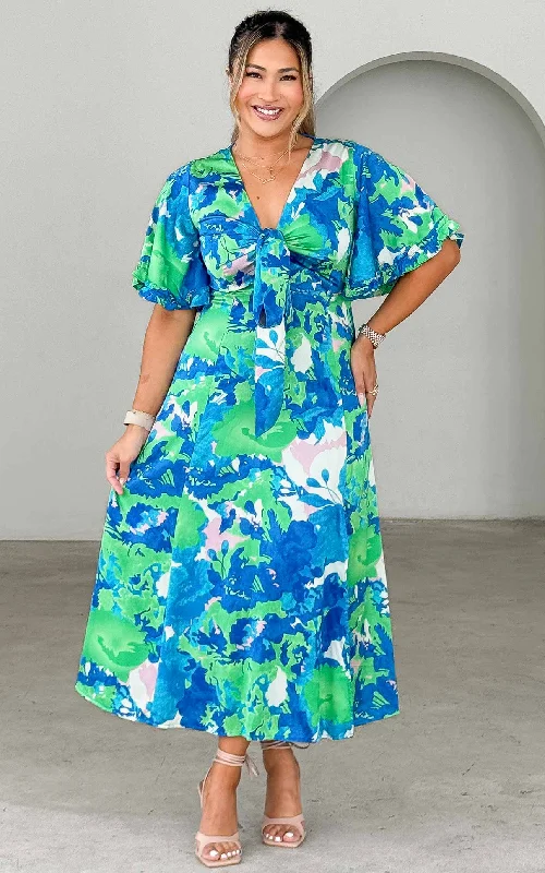 V Neck Formal Midi Dresses-Conessa Midi Dress - Blue Green Print