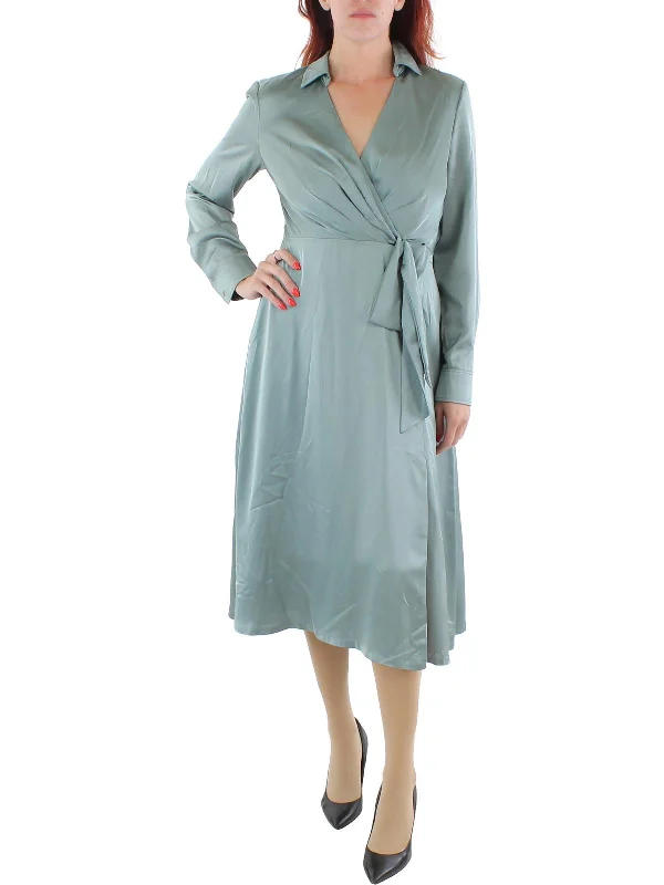 Elegant Midi Dresses-Womens Charmeuse Long Sleeves Midi Dress