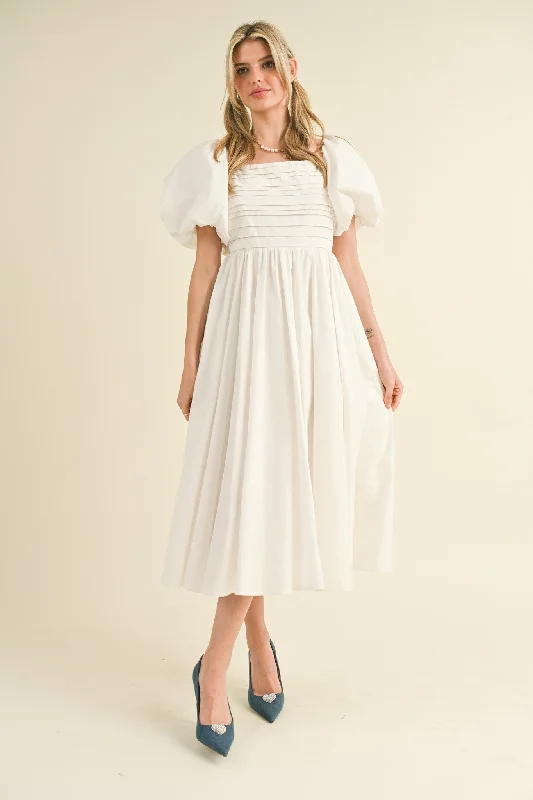 Elegant Summer Midi Dresses-Off White Balloon Sleeve Pleated Midi Dress