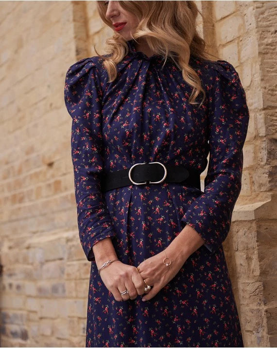 V Neck Midi Dresses-Midi dress with floral print and buff sleeves