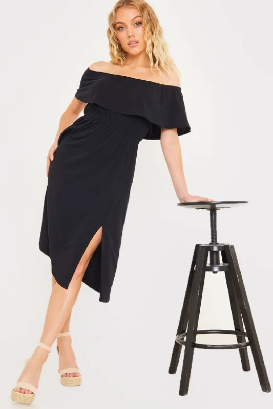 Backless Sexy Midi Dresses-Black Bardot Midi Dress