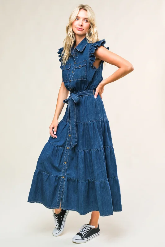 High Neck Party Midi Dresses-FAN FAVORITE WOVEN DENIM MIDI DRESS