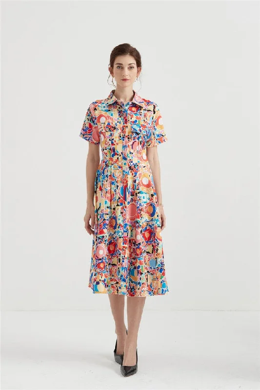 Black Vintage Midi Dresses-Multicolor Day A-line Shirt Colar Short Sleeve Midi Dress