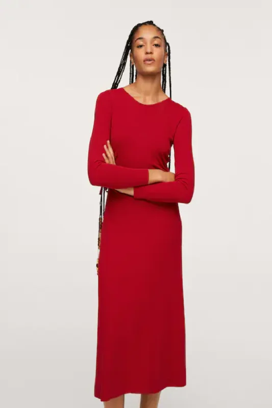 Red Club Midi Dresses-Red Knitted Midi Dress