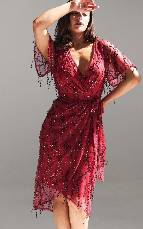 Boho Pink Midi Dresses-Fireworks Sequin Midi Dress - Wine