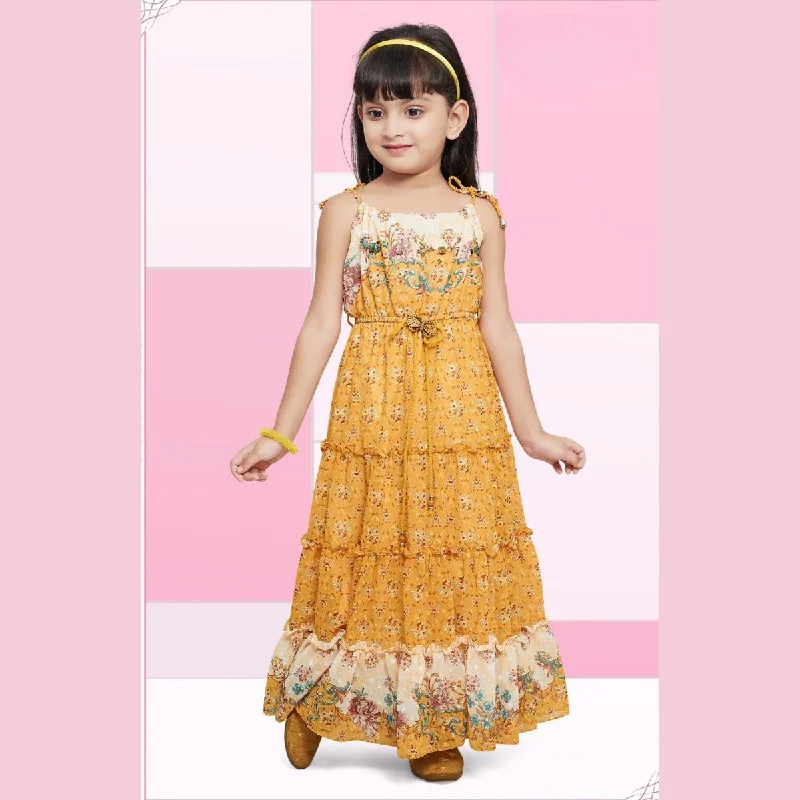 Satin V Neck Midi Dresses-Mustard Flared Midi for Girls