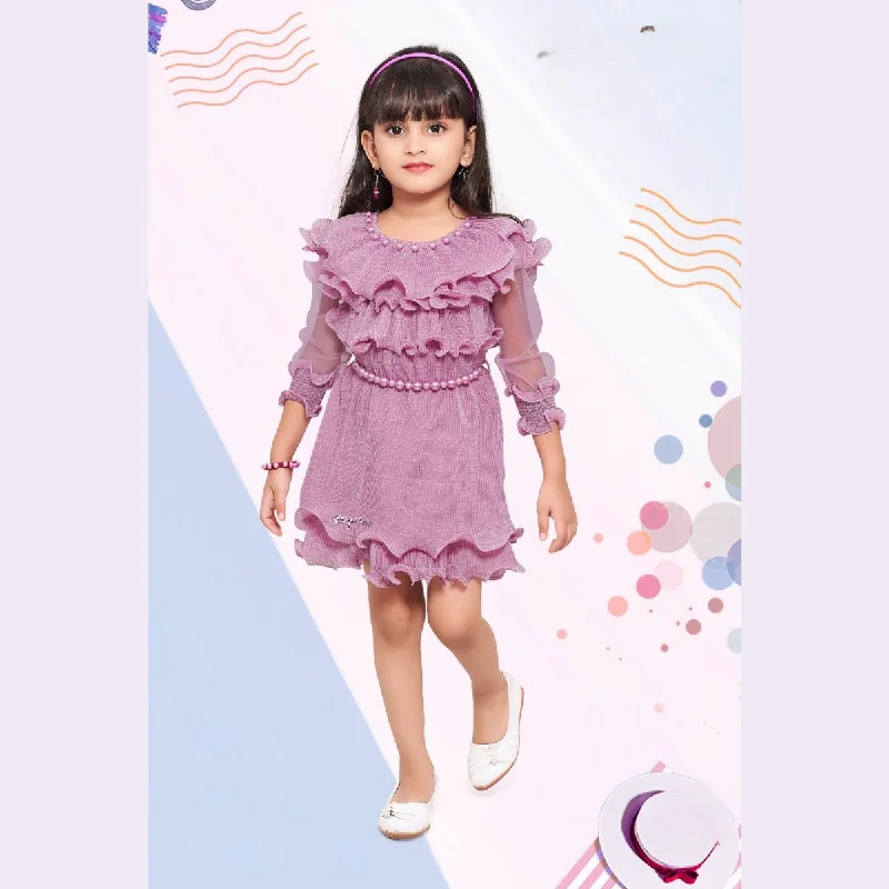 Designer Animal Print Midi Dresses-Purple & Mustard Frill Midi Dress for Girls