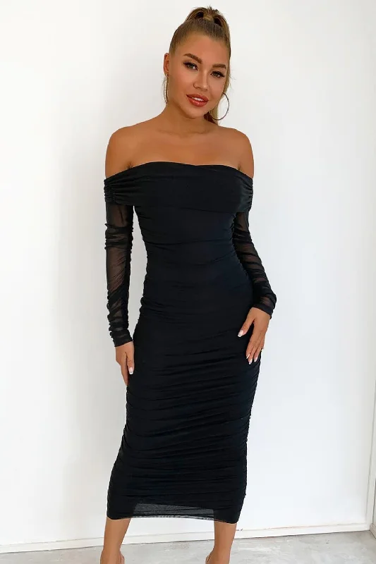 Sexy Formal Midi Dresses-Black Off-Shoulder Ruched Midi Bodycon Dress