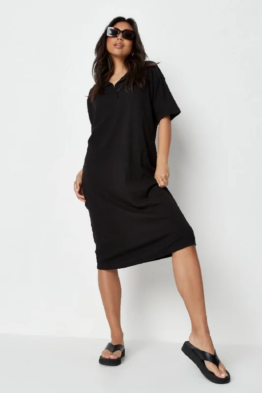 Petite Winter Midi Dresses-Collared boxy basic midi dress