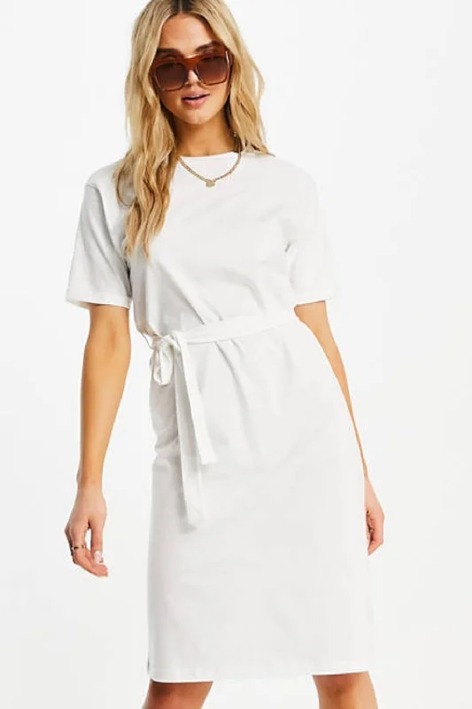 Grey Long Sleeve Midi Dresses-T-Shirt Midi Dress With Belted Waist In White