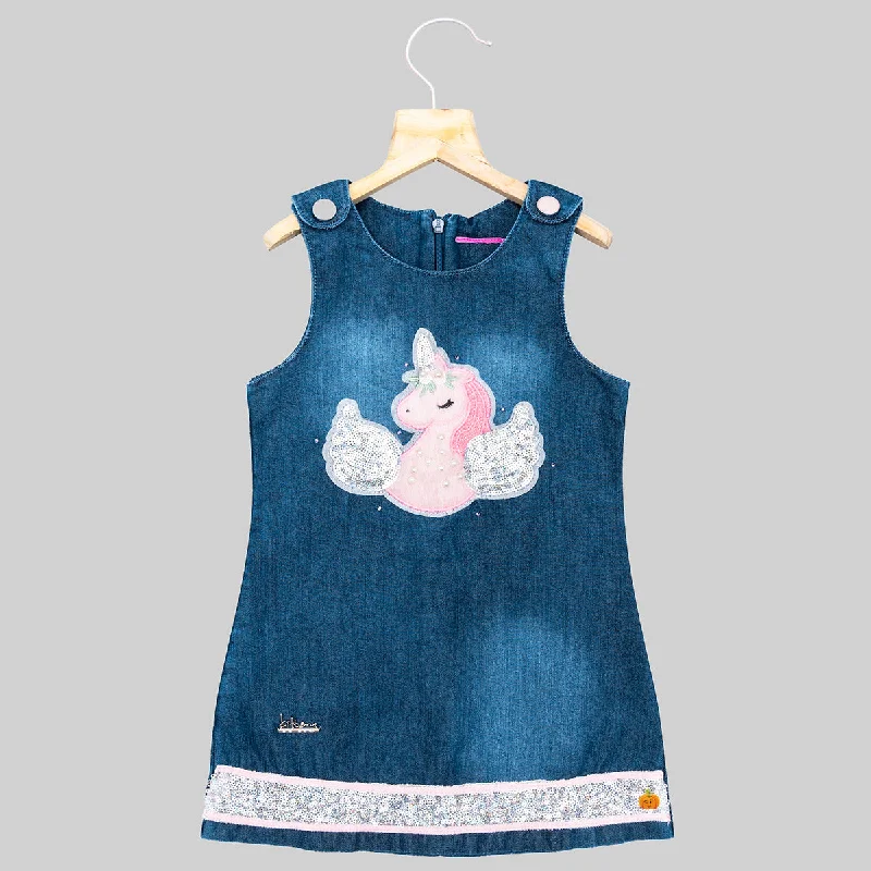 Embroidered Formal Midi Dresses-Blue Unicorn Denim Midi for Girls