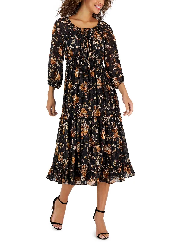 Sequin Midi Dresses-Petites Womens Printed Smocked Midi Dress