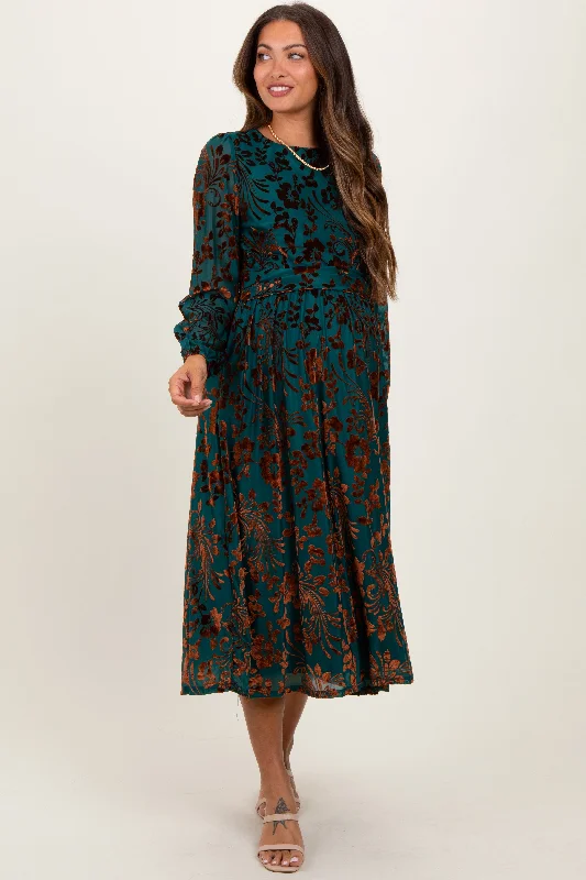 Orange Formal Midi Dresses-Teal Velvet Floral Overlay Maternity Midi Dress