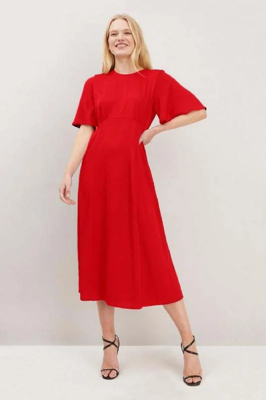 Red Work Midi Dresses-Satin Angel Sleeve Midi Dress