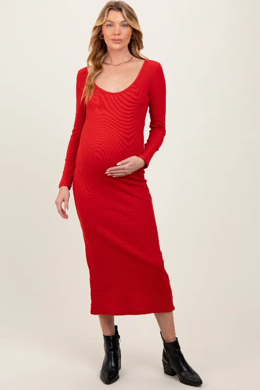 Green Midi Dresses-Red Scoop Neck Long Sleeve Maternity Midi Dress