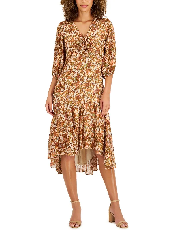 Floral Summer Midi Dresses-Petites Womens V-Neck Calf Midi Dress