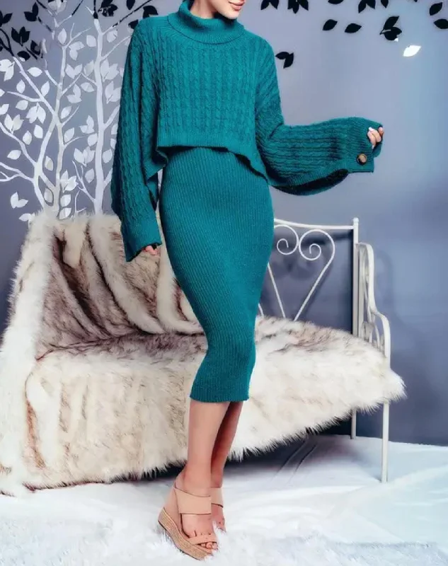 Plus Size Boho Midi Dresses-Ribbed Midi Dress And Turtleneck Sweater Set in Teal