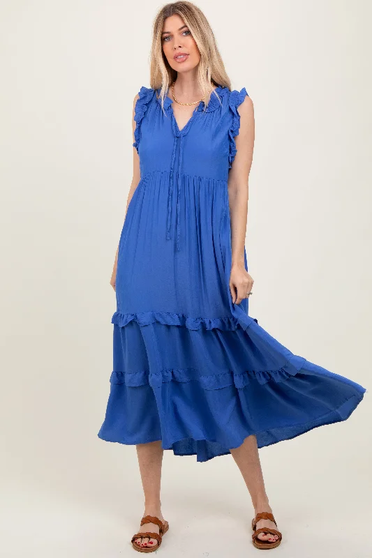 Satin Winter Midi Dresses-Blue Ruffle Accent Tiered Front Tie Midi Dress