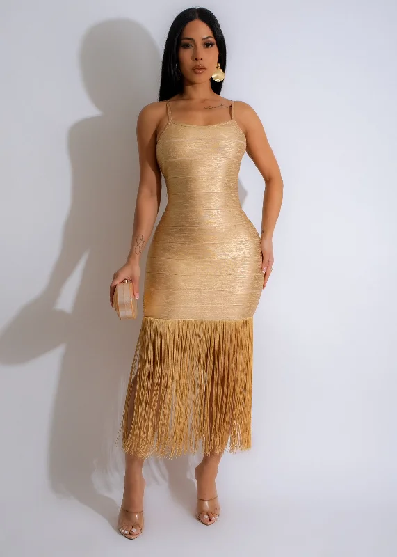 Striped Club Midi Dresses-Elegance Metallic Bandage Fringe Midi Dress Gold