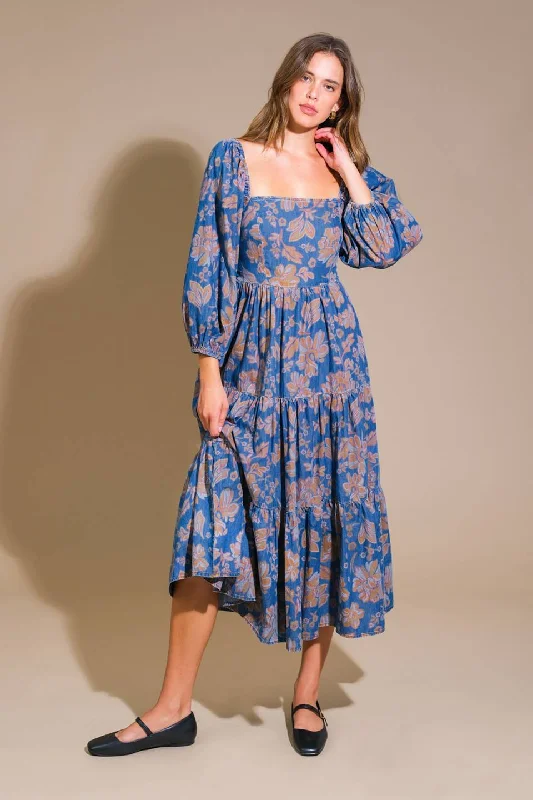 Silk Work Midi Dresses-CIRCLE OF FRIENDS DENIM MIDI DRESS