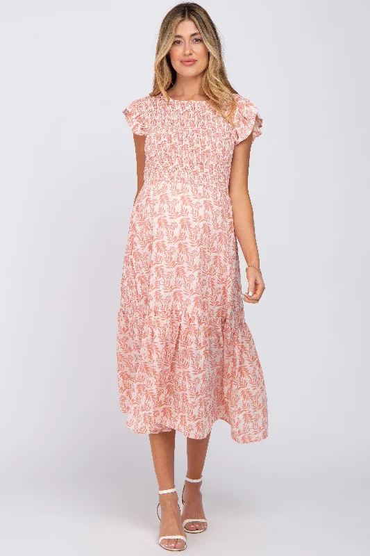 Polka Dot Formal Midi Dresses-Pink Leaf Print Smocked Ruffle Sleeve Maternity Midi Dress