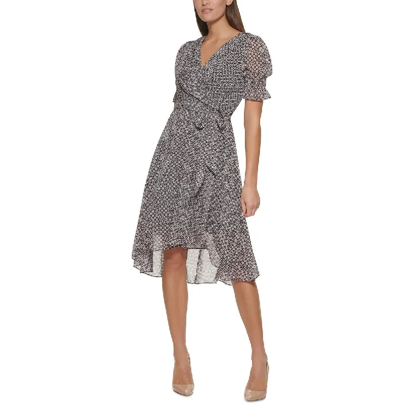 Mesh Summer Midi Dresses-Womens Printed Faux Wrap Midi Dress