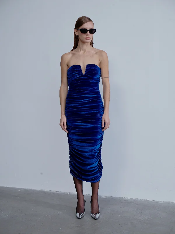 Silk Black Midi Dresses-Luce Velvet Midi Dress in Bleu