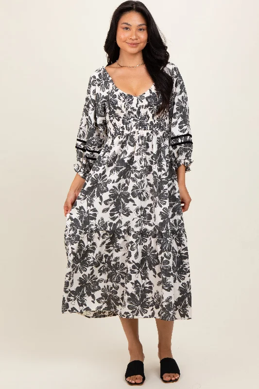 Animal Print Party Midi Dresses-Cream Floral Smocked 3/4 Sleeve Tiered Midi Dress