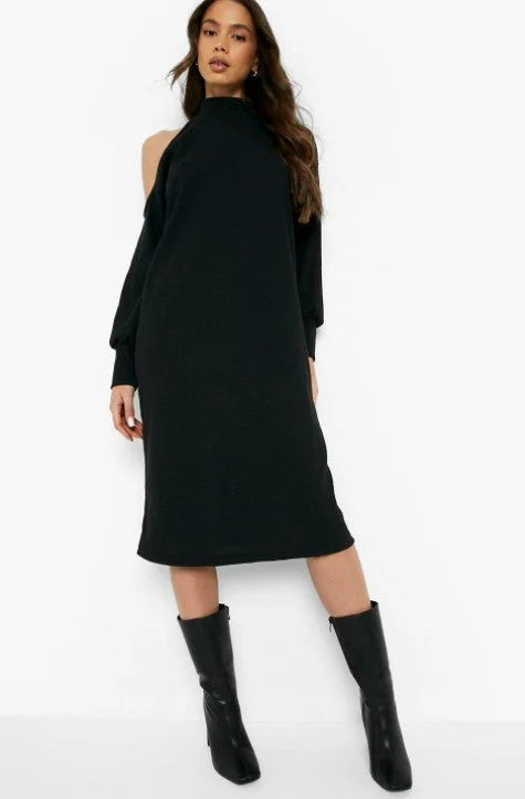 Beaded Formal Midi Dresses-Black Long Sleeve Roll Neck Midi Dress