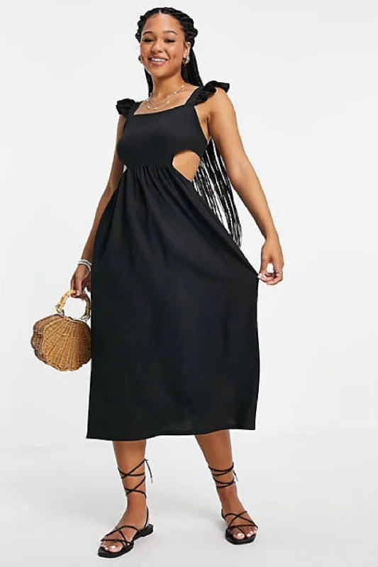 Club Orange Midi Dresses-Frill Strap Midi Dress With Back Cut Out In Black