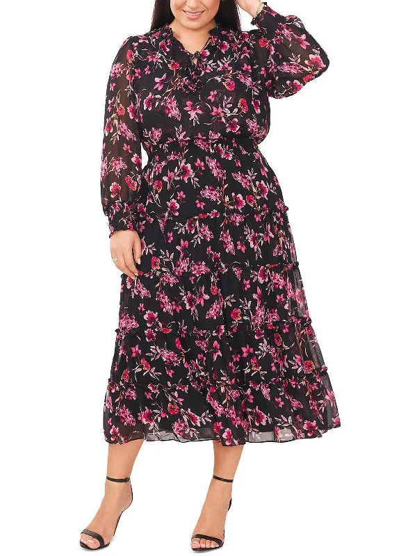 Beach Purple Midi Dresses-Plus Womens Floral Tiered Midi Dress