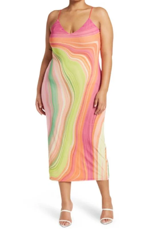 Silk Boho Midi Dresses-Amina Power Mesh Midi Slip Dress In Abstract Spring Wave