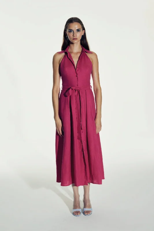 Strapless Summer Midi Dresses-Carrie Linen Midi Dress in Berry Pink