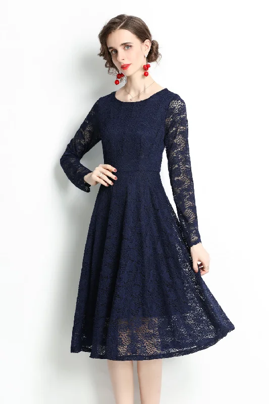 Pink Work Midi Dresses-Navy Evening Lace A-line Boatneck Long Sleeve Midi Classic Dress