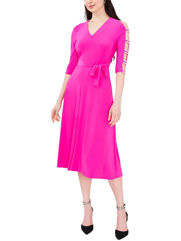 Satin Summer Midi Dresses-Petites Womens Stretch Midi Fit & Flare Dress