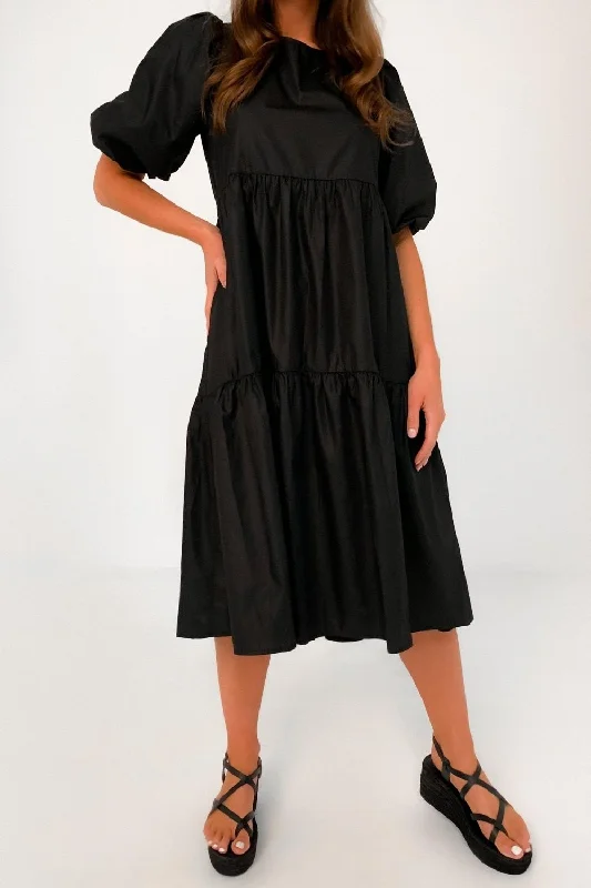 Embroidered Formal Midi Dresses-Puff Sleeved Black Ruffle Midi Dress