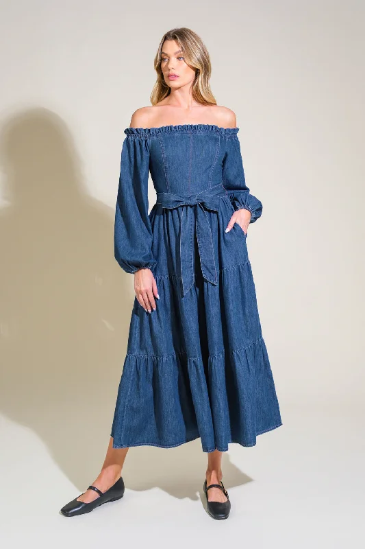 Mesh Boho Midi Dresses-ARTISTIC IMPULSE DENIM MIDI DRESS