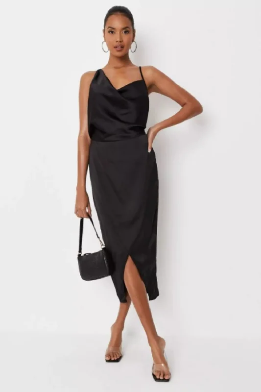 Satin Casual Midi Dresses-Black Asymmetric Drape Midi Dress