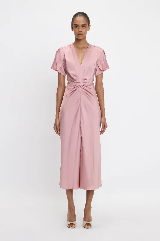 Chiffon Midi Dresses-Gathered V-Neck Midi Dress In Peony