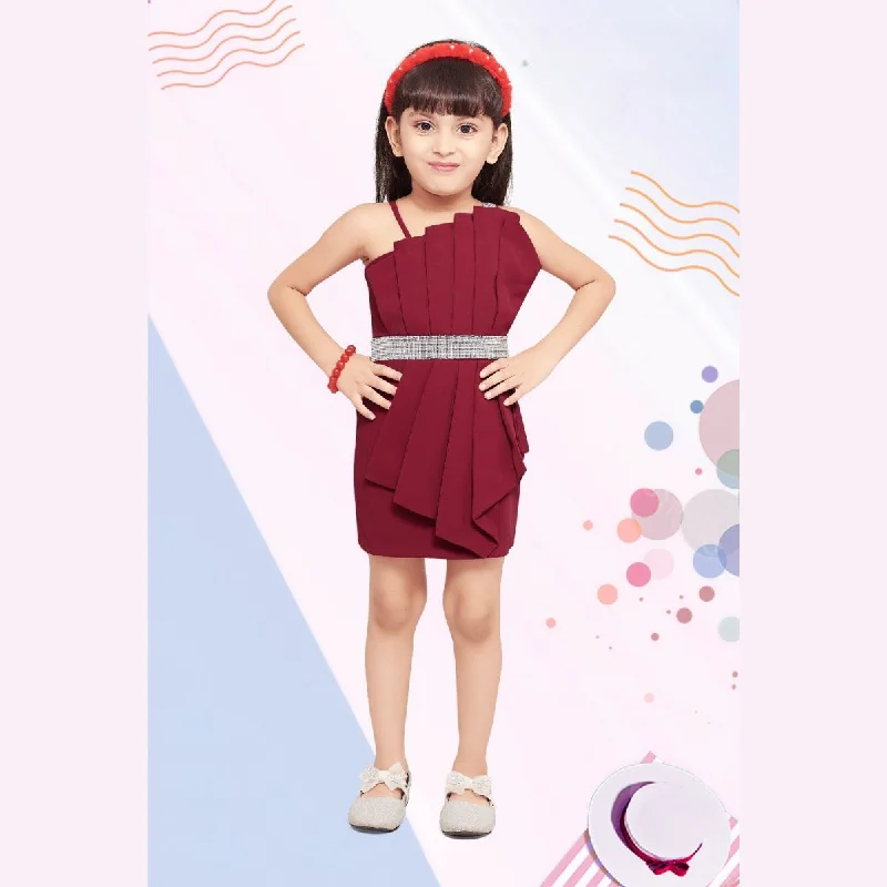 Leather Work Midi Dresses-Maroon Pleated Midi for Girls