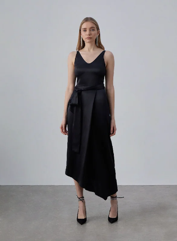 Designer Work Midi Dresses-Black Belted Asymmetrical Silky Midi Dress