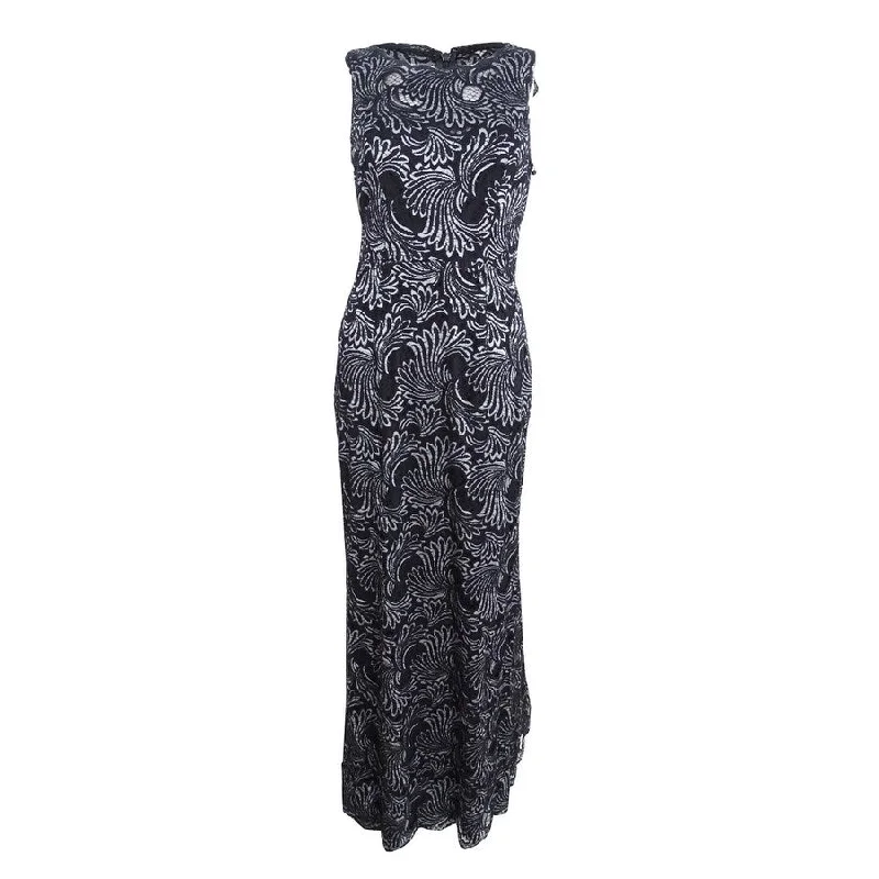 Women Gold Evening Dress-Adrianna Papell Women's Two-Tone Lace Gown (2, Black/Silver)