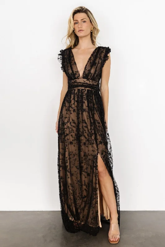 Silk Halter Evening Dress-Arlene Shimmer Gown | Black + Nude