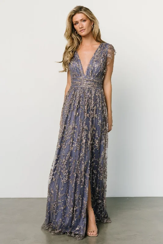 Grey Maxi Evening Dress-Arlene Shimmer Gown | Blue + Gold