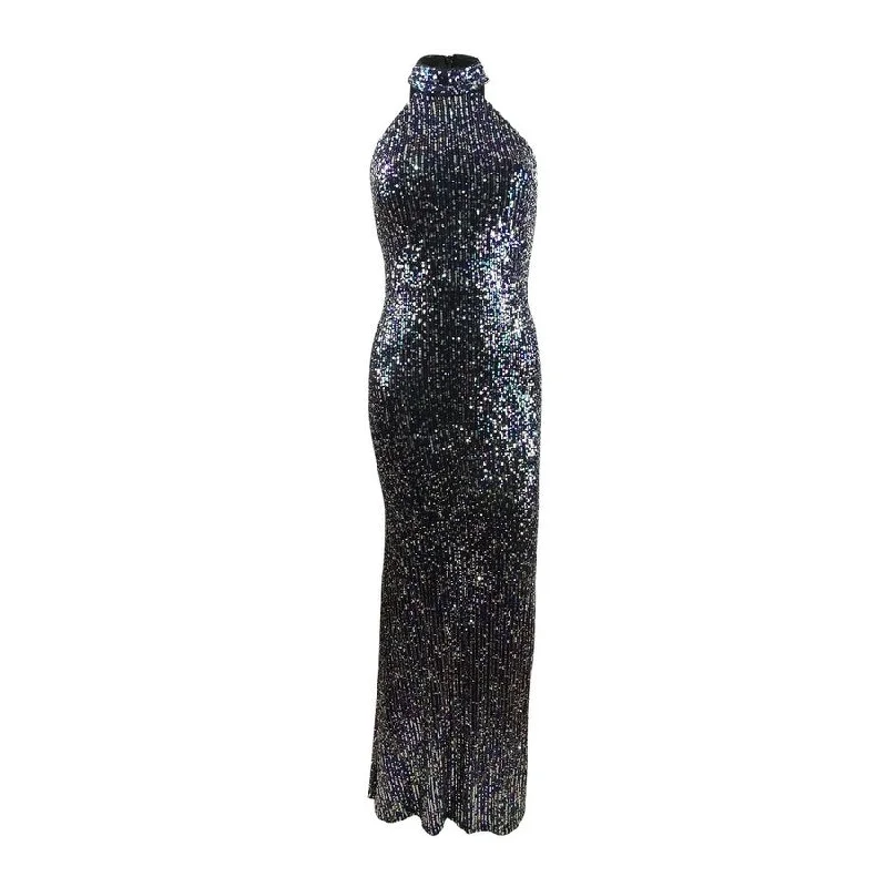 Geometric Cheap Evening Dress-Betsy & Adam Women's Sequined Halter Gown (2, Black Multi)