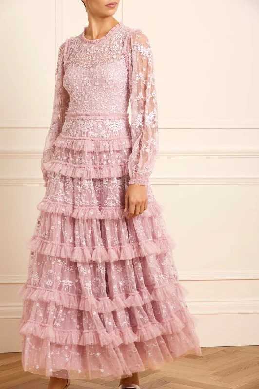 Pink Chiffon Evening Dress-Blossom Lace Ankle Gown